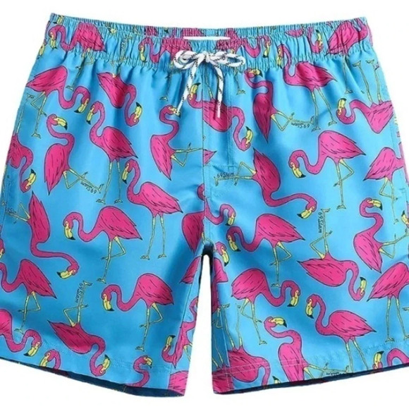Men’s Flamingo Print Pink Blue tropical Miami Swim Trunks XL - Picture 2 of 10